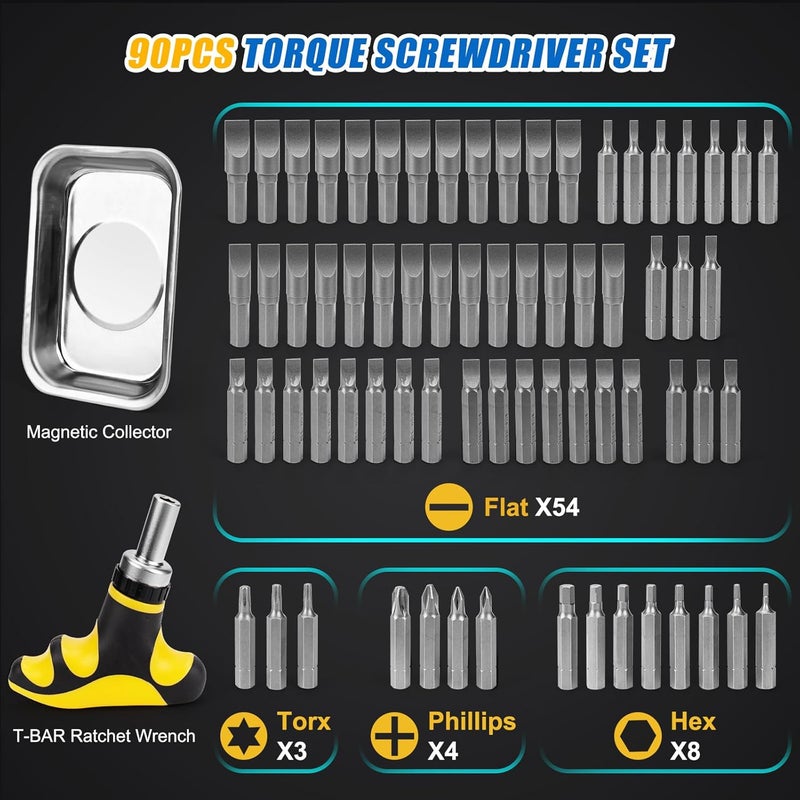 YIYEIE 90Pcs Master Torque Screwdriver Set, 10-70 IN.LB, Inch Pound Torque Screw Driver with S2 Bits, Includes Flat, Hex, Torx, and Phillips Bits, T-BAR Ratchet Wrench, All in One Torque Tool Kit - Image 3